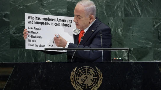 Benjamín Netanyahu durante su discurso en la Asamblea de la ONU. Benjamín Netanyahu durante su discurso en la Asamblea de la ONU.