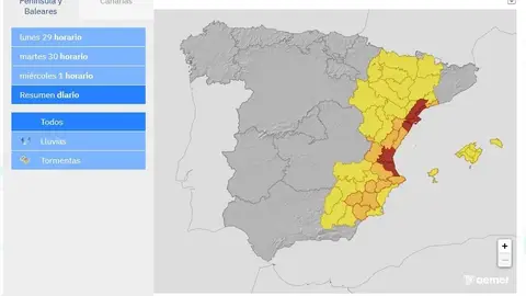 Avisos activos de la Aemet el lunes 29 de septiembre. Avisos activos de la Aemet el lunes 29 de septiembre.