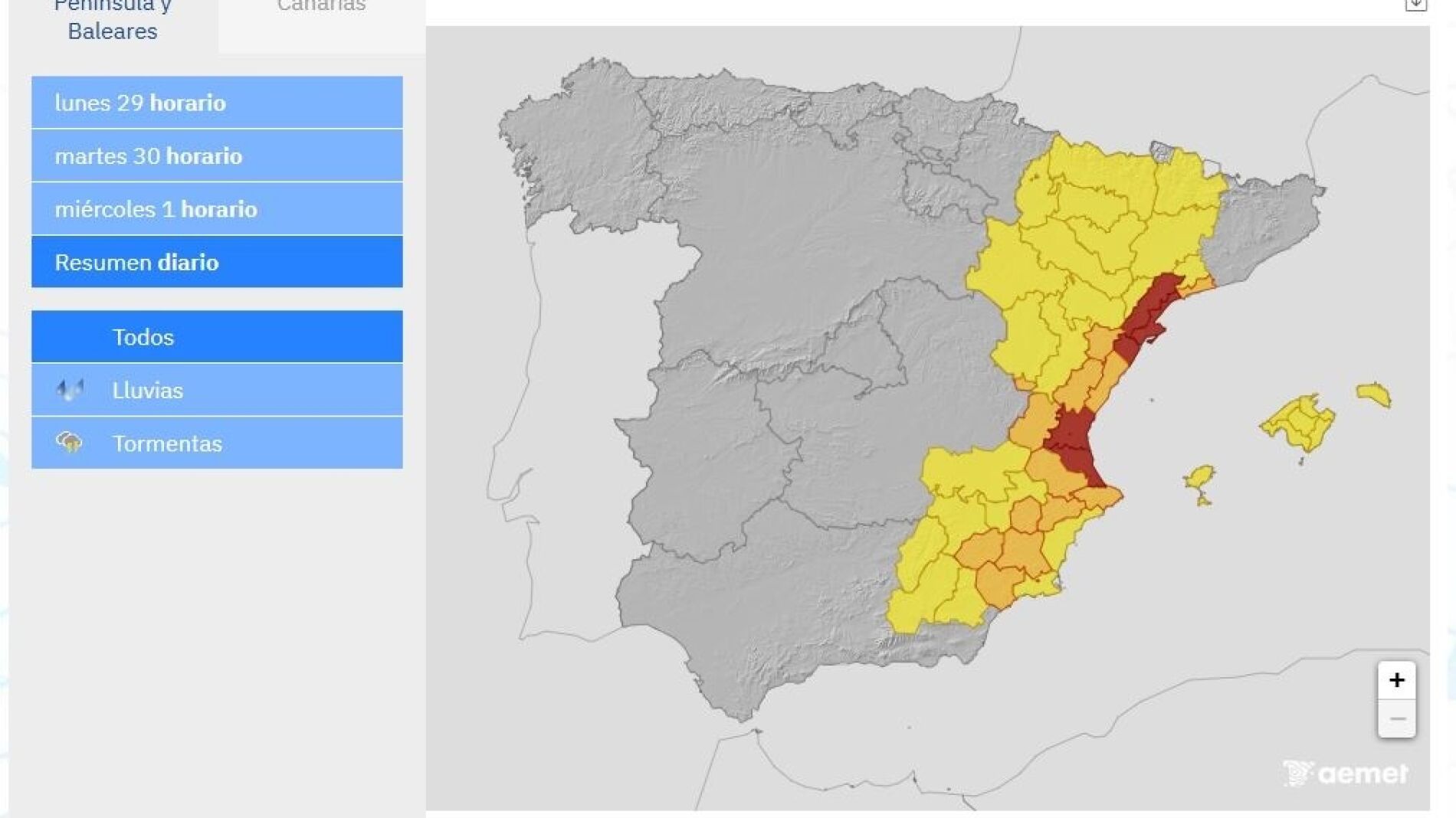 Avisos activos de la Aemet el lunes 29 de septiembre.