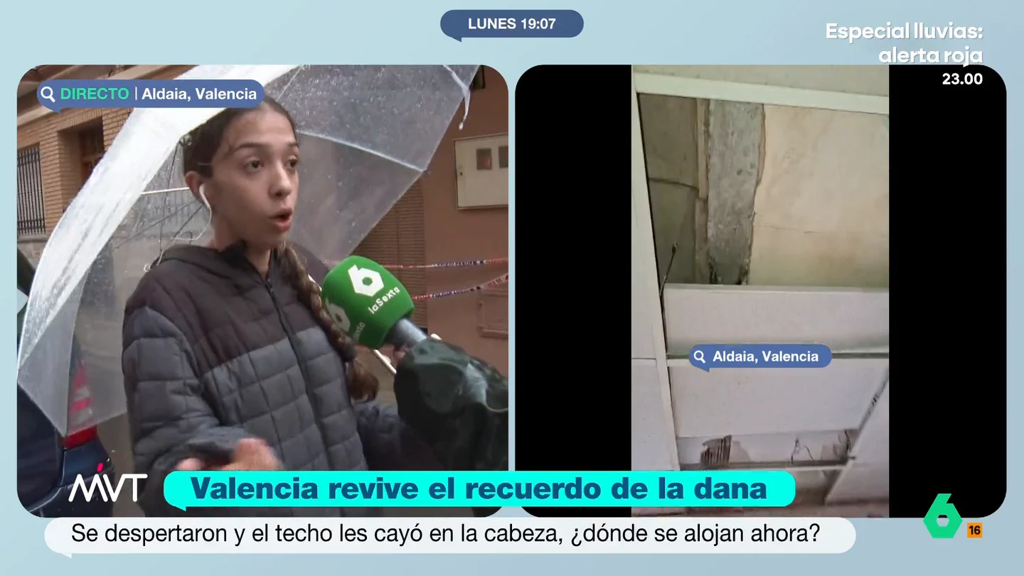 Aroa, vecina de Aldaia afectada por el temporal: "No tengo ni dónde irme, mi casa está apuntalada" Como explica a Más Vale Tarde, el techo de su casa ha cedido y han tenido que apuntalar su casa ya que existe riesgo de derrumbe. La joven ha pedido una alternativa habitacional temporal.
