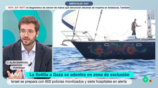 Alán Barroso, sobre la Flotilla: "Creo que es un honor compartir nacionalidad con las personas que están jugándose la vida" Alán Barroso asegura que decir a la flotilla que no se adentren en la zona de exclusión "es como decirle en su momento a Rosa Parks que no se siente en ese asiento del autobús o a Martin Luther King que no haga marchas".