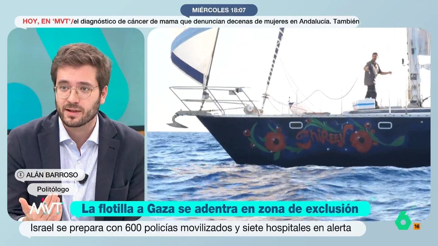 Alán Barroso, sobre la Flotilla: "Creo que es un honor compartir nacionalidad con las personas que están jugándose la vida" Alán Barroso asegura que decir a la flotilla que no se adentren en la zona de exclusión "es como decirle en su momento a Rosa Parks que no se siente en ese asiento del autobús o a Martin Luther King que no haga marchas".