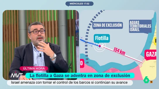Pedro Rodríguez: "Que a las 12 millas de Gaza no va a llegar la flotilla, no hace falta ser Netanyahu para saberlo" Pedro Rodríguez explica en este vídeo qué significa la zona de exclusión en las reglas marítimas y cómo Israel "implementa un control por tierra, mar y aire" de Gaza, lo que complica que la flotilla llegue a buen puerto.