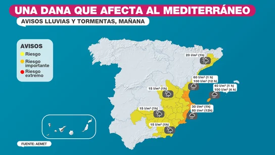 Comunitat Valenciana, Baleares, Castilla-La Mancha y Murcia en alerta naranja por la DANA 'Alice': lluvia, tormentas y granizo en los próximos días Comunitat Valenciana, Baleares, Castilla-La Mancha y Murcia en alerta naranja por la DANA 'Alice': lluvia, tormentas y granizo en los próximos días