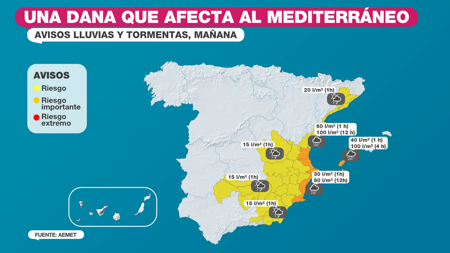 Comunitat Valenciana, Baleares, Castilla-La Mancha y Murcia en alerta naranja por la DANA 'Alice': lluvia, tormentas y granizo en los próximos días Comunitat Valenciana, Baleares, Castilla-La Mancha y Murcia en alerta naranja por la DANA 'Alice': lluvia, tormentas y granizo en los próximos días
