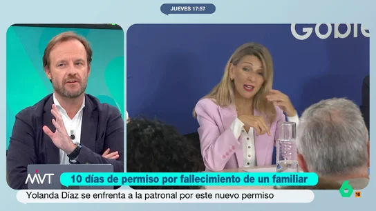 Chapu Apaolaza, tras las críticas de Garamendi a Yolanda Díaz: "Se ha equivocado en las formas, pero tiene razón en una cosa" Chapu Apaolaza analiza la reacción de Antonio Garamendi tras el anuncio de Yolanda Díaz de que quiere ampliar a 10 días el permiso por fallecimiento de un familiar y sugiere que más que un permiso, se parezca más a una baja.