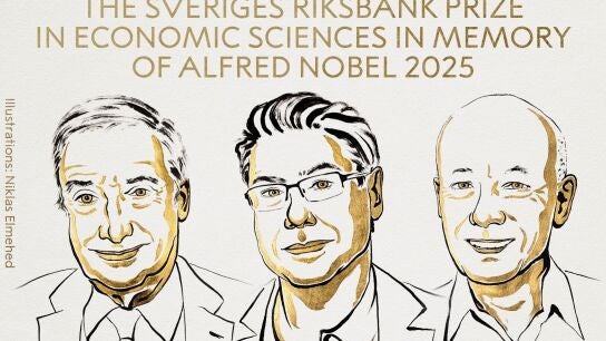 Ilustraci&oacute;n oficial con los ganadores del premio Nobel de Econom&iacute;a 2025 Joel Mokyr, Philippe Aghion y Peter Howitt.