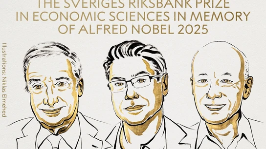 Premio Nobel de Economía 2025 para Joel Mokyr, Philippe Aghion y Peter Howitt. Ilustración oficial con los ganadores del premio Nobel de Economía 2025 Joel Mokyr, Philippe Aghion y Peter Howitt.