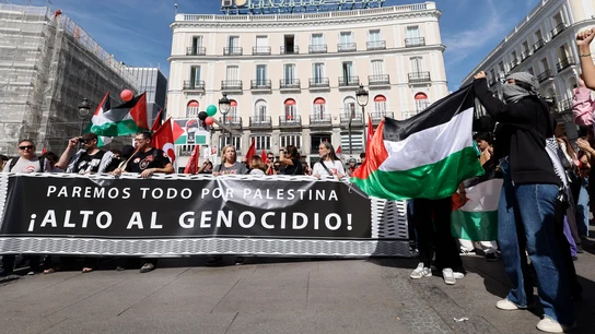 Manifestantes durante la concentración 'Paremos todo por Palestina' convocada con motivo de la huelga general por Palestina. Manifestantes durante la concentración 'Paremos todo por Palestina' convocada con motivo de la huelga general por Palestina.
