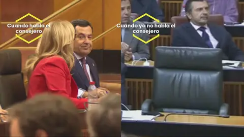 Juanma Moreno ha dejado su escaño vacío tras la intervención del consejero Antonio Sanz. Juanma Moreno ha dejado su escaño vacío tras la intervención del consejero Antonio Sanz.
