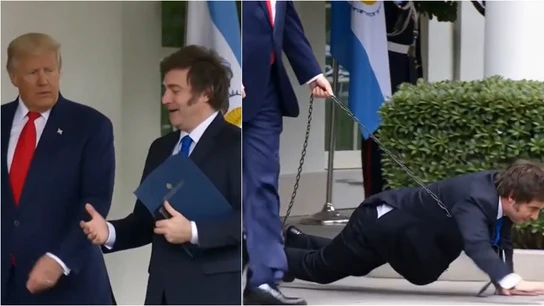 Montaje de IA que muestra a Milei como el perro de Trump Montaje de IA que muestra a Milei como el perro de Trump