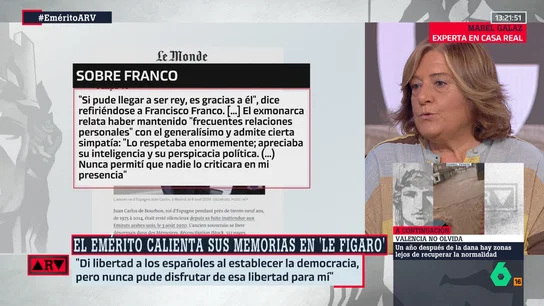 Mabel Galaz cree que Juan Carlos I es "muy suave" con Franco en sus memorias: "Lo trata con una tibieza inesperada" Mabel Galaz cree que Juan Carlos I es "muy suave" con Franco en sus memorias: "Lo trata con una tibieza inesperada"