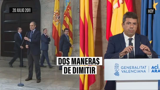Las dos caras de una dimisión en la Generalitat Valenciana: la soledad y silencio de Mazón frente a los abrazos que arroparon a Camps Las dos caras de una dimisión en la Generalitat Valenciana: la soledad y silencio de Mazón frente a los abrazos que arroparon a Camps