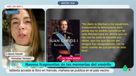 Silvia Taulés desvela que Miguel Ángel Revilla sale en las memorias de Juan Carlos I: "Le contesta a todo lo que ha dicho" Ya se conocen algunos fragmentos de las memorias del rey emérito. En las mismas, por ejemplo, se lamenta de no haber tenido libertad. Además, como ha contado la periodista de 'Vanitatis', también responde al expresidente cántabro.