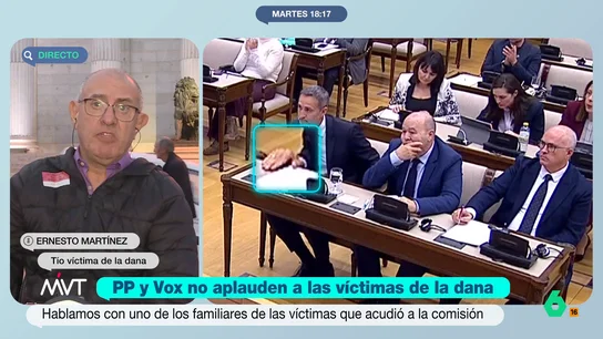 Ernesto Martínez, familiar de una víctima de la DANA, descarta "sorpresas" ante el desplante de PP y Vox en el Congreso Varios familiares de víctimas de la DANA han prestado su testimonio en el Congreso de los Diputados y los diputados del PP y el representante de Vox, presentes en su comparecencia, han decidido no aplaudir sus palabras.