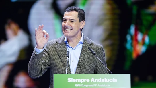 El presidente de la Junta de Andalucía, Juanma Moreno, durante el congreso del PP-A. El presidente de la Junta de Andalucía, Juanma Moreno, durante el congreso del PP-A.