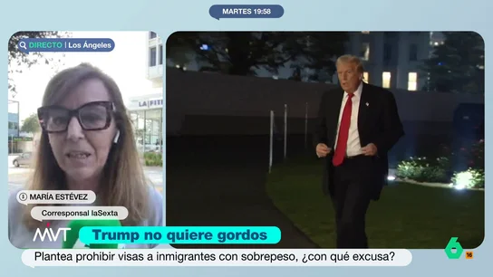 María Estévez, sobre la idea de Trump de prohibir visas a inmigrantes con sobrepeso: "Es un cambio sin precedentes" María Estévez analiza en este vídeo la idea del Gobierno de Trump de prohibir visas a inmigrantes con sobrepeso o diabetes. Según explica en este vídeo, se obligará a un reconocimiento médico e incluso podría afectar a los turistas.