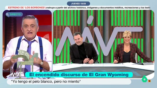 Wyoming y su satisfacción durante su discurso en los Ondas: "Había gente mirándome y diciendo: ‘Que le dé un infarto a este hijo de puta'" Wyoming desvela en Más Vale Tarde más detalles de su aplaudido discurso tras recibir el Premio Ondas a Mejor comunicador y asegura que le dio "un escozor escrotal" ver que, mientras una parte del público aplaudía, otra "estaba agarrada a la butaca".
