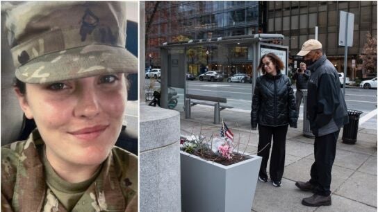 A la izquierda, Sarah Beckstrom, agente de la Guardia Nacional fallecida. A la derecha, el memorial en apoyo al ataque que sufrieron en Washington
