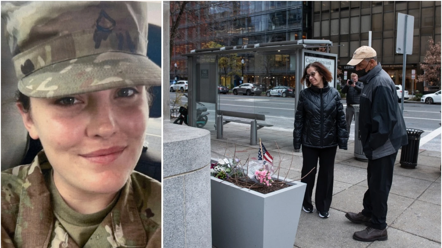 A la izquierda, Sarah Beckstrom, agente de la Guardia Nacional fallecida. A la derecha, el memorial en apoyo al ataque que sufrieron en Washington A la izquierda, Sarah Beckstrom, agente de la Guardia Nacional fallecida. A la derecha, el memorial en apoyo al ataque que sufrieron en Washington
