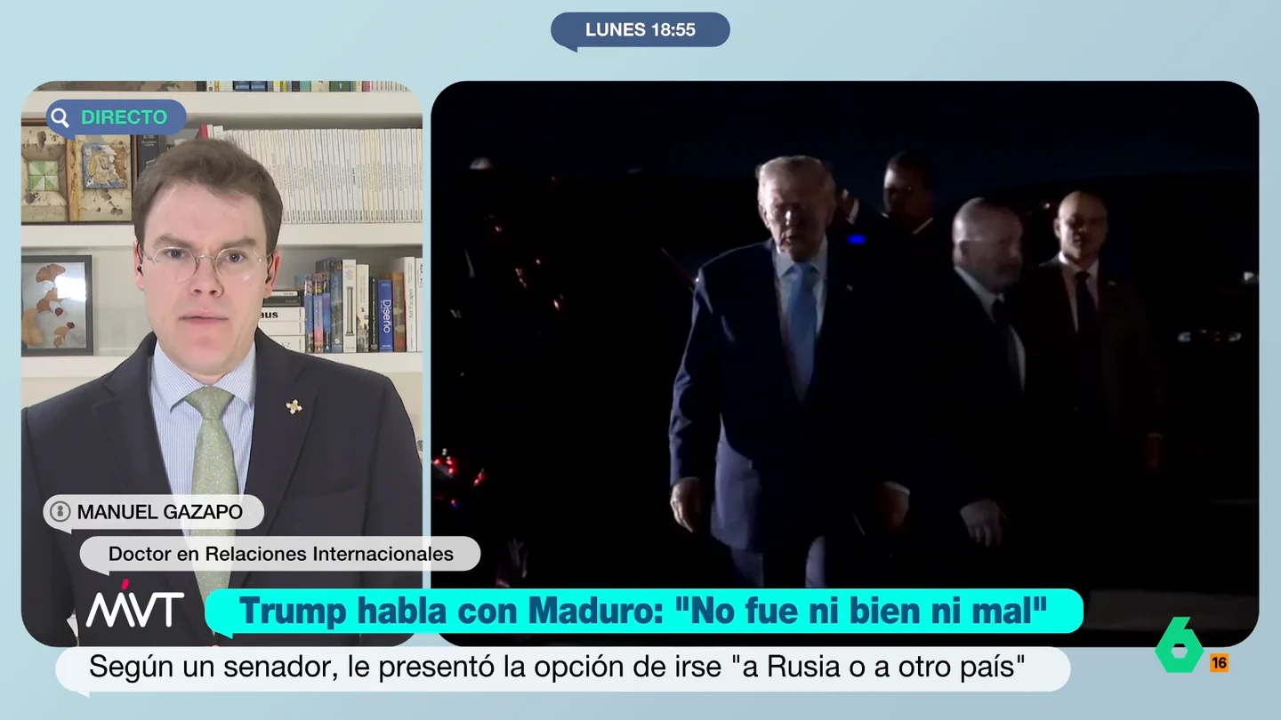Manuel Gazapo, sobre el silencio de Trump acerca de su llamada con Maduro: "Es la primera vez que le vemos tan cauto y frío" Manuel Gazapo, doctor en Relaciones Internacionales, analiza en este vídeo el momento de la escalada de tensión entre Estados Unidos y Venezuela y los motivos que mueven a Trump.