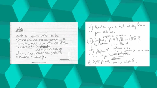 A la izquierda, el mensaje de alerta preparado por Jorge Suárez a las 17:45 del día de la DANA. A la derecha, las notas manuscritas por Salomé Pradas en el CECOPI. A la izquierda, el mensaje de alerta preparado por Jorge Suárez a las 17:45 del día de la DANA. A la derecha, las notas manuscritas por Salomé Pradas en el CECOPI.