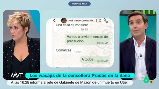Pablo Montesinos, sobre los mensajes que Pradas ha aportado a la jueza: "No supieron ver la gravedad de lo que estaba ocurriendo" Salomé Pradas, exconsellera de la Generalitat Valenciana, ha entregado a la jueza de Catarroja los mensajes que intercambió el 29 de octubre de 2024 con Carlos Mazón y con su jefe de Gabinete, José Manuel Cuenca.