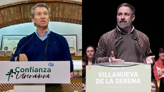 Alberto Núñez Feijóo y Santiago Abascal este viernes en Extremadura. Alberto Núñez Feijóo y Santiago Abascal este viernes en Extremadura.