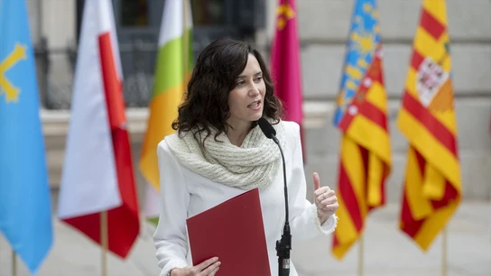 La presidenta de la Comunidad de Madrid, Isabel Díaz Ayuso, durante su comparecencia en el Día de la Constitución. La presidenta de la Comunidad de Madrid, Isabel Díaz Ayuso, durante su comparecencia en el Día de la Constitución.