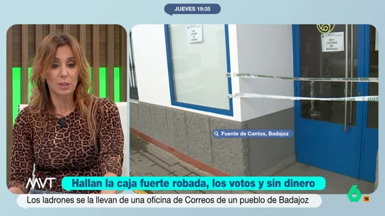 Carmen Morodo, sobre la caja fuerte robada en Extremadura: "No estoy de acuerdo con esas teorías de la conspiración" Tanto el Partido Popular como Vox han hablado sobre una posible conspiración después del robo que se ha producido en una oficina de correos de Fuente de Cantos, en Badajoz. En su interior había 124 votos para las elecciones extremeñas.