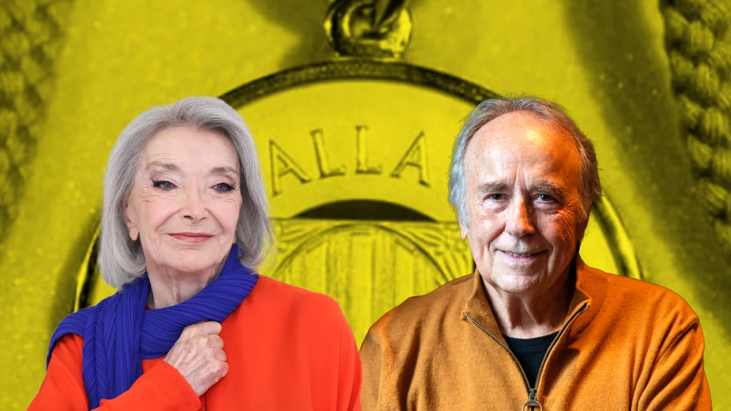 Grafismo en el que se puede ver a Joan Manuel Serrat y Núria Espert con la Medalla de Oro de la Generalitat de Catalunya de fondo Grafismo en el que se puede ver a Joan Manuel Serrat y Núria Espert con la Medalla de Oro de la Generalitat de Catalunya de fondo