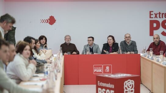 La ejecutiva regional del PSOE en Extremadura, presidida por Miguel &Aacute;ngel Gallardo. A su derecha, Juan Carlos Rodr&iacute;guez Ibarra.