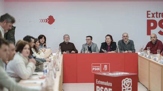 La ejecutiva regional del PSOE en Extremadura, presidida por Miguel Ángel Gallardo. A su derecha, Juan Carlos Rodríguez Ibarra. La ejecutiva regional del PSOE en Extremadura, presidida por Miguel Ángel Gallardo. A su derecha, Juan Carlos Rodríguez Ibarra.
