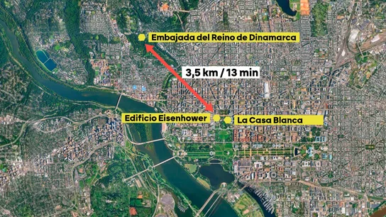 Mapa de Washington con las distancias entre la Casa Blanca y la Embajada de Dinamarca. Mapa de Washington con las distancias entre la Casa Blanca y la Embajada de Dinamarca.