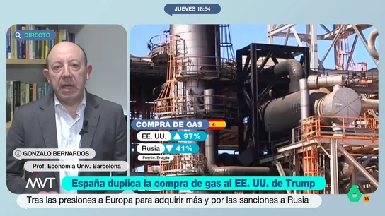Gonzalo Bernardos explica por qué España ha duplicado la compra de gas a EEUU: "Hemos de contentar a Trump" El economista señala que la Unión Europa tiene un acuerdo con EEUU para comprar productos energéticos por valor de 750 mil millones de euros. Además, expone que "nos conviene comprar gas estadounidense, porque es un productor fiable".