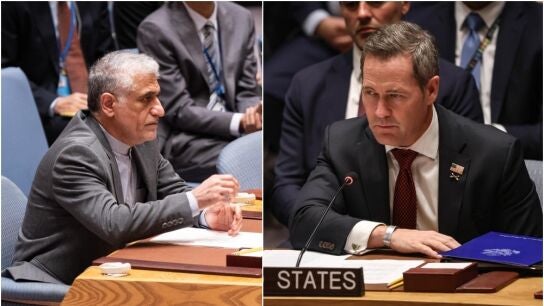El representante de Ir&aacute;n ante Naciones Unidas, Amir Saeid Iravani, y el embajador de EEUU ante la ONU, Mike Waltz