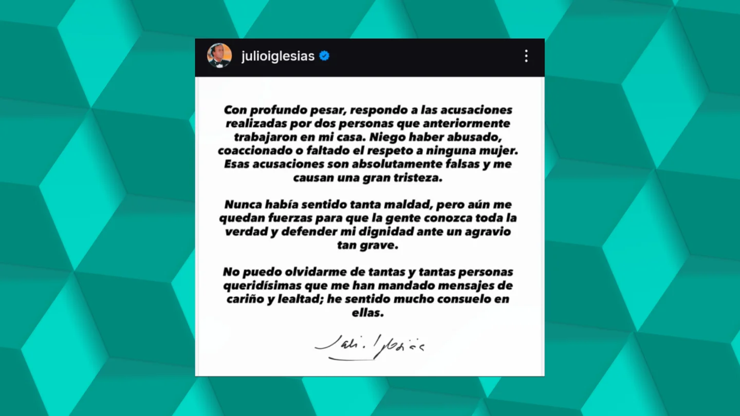 El comunicado de Julio Iglesias tras ser denunciado por dos extrabajadoras por abusos sexuales El comunicado de Julio Iglesias tras ser denunciado por dos extrabajadoras por abusos sexuales