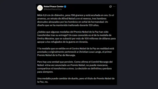 El Instituto Nobel recuerda a María Corina Machado que no puede entregarle el premio a Trump: "No puede revocarse, compartirse ni transferirse" El Instituto Nobel recuerda a María Corina Machado que no puede entregarle el premio a Trump: "No puede revocarse, compartirse ni transferirse"