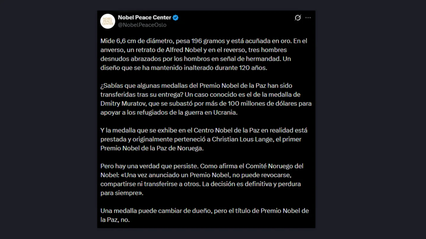 El Instituto Nobel recuerda a María Corina Machado que no puede entregarle el premio a Trump: "No puede revocarse, compartirse ni transferirse" El Instituto Nobel recuerda a María Corina Machado que no puede entregarle el premio a Trump: "No puede revocarse, compartirse ni transferirse"