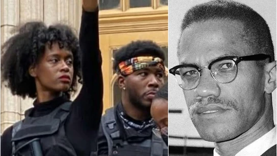 Los Panteras Negras, en Filadelfia; a la derecha, Malcolm X Los Panteras Negras, en Filadelfia; a la derecha, Malcolm X