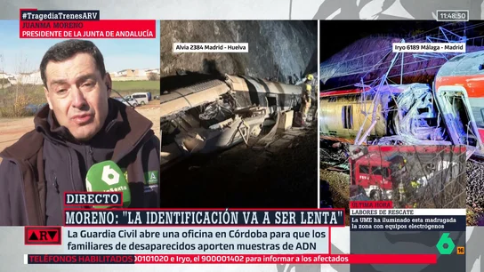 Juanma Moreno teme que encuentren más muertos bajo los "amasijos de hierro" cuando levanten el convoy: "Va a entrar ya la maquinaria pesada" Juanma Moreno teme que encuentren más muertos bajo los "amasijos de hierro" cuando levanten el convoy: "Va a entrar ya la maquinaria pesada"