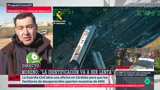 Juanma Moreno teme que encuentren más muertos bajo los "amasijos de hierro" cuando levanten el convoy: "Va a entrar ya la maquinaria pesada" Juanma Moreno teme que encuentren más muertos bajo los "amasijos de hierro" cuando levanten el convoy: "Va a entrar ya la maquinaria pesada"