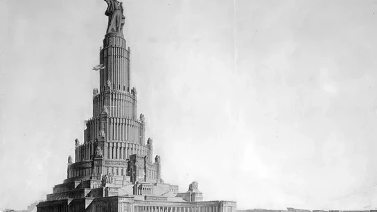 Ilustración del proyecto inconcluso del Palacio de los Soviets. Ilustración del proyecto inconcluso del Palacio de los Soviets.