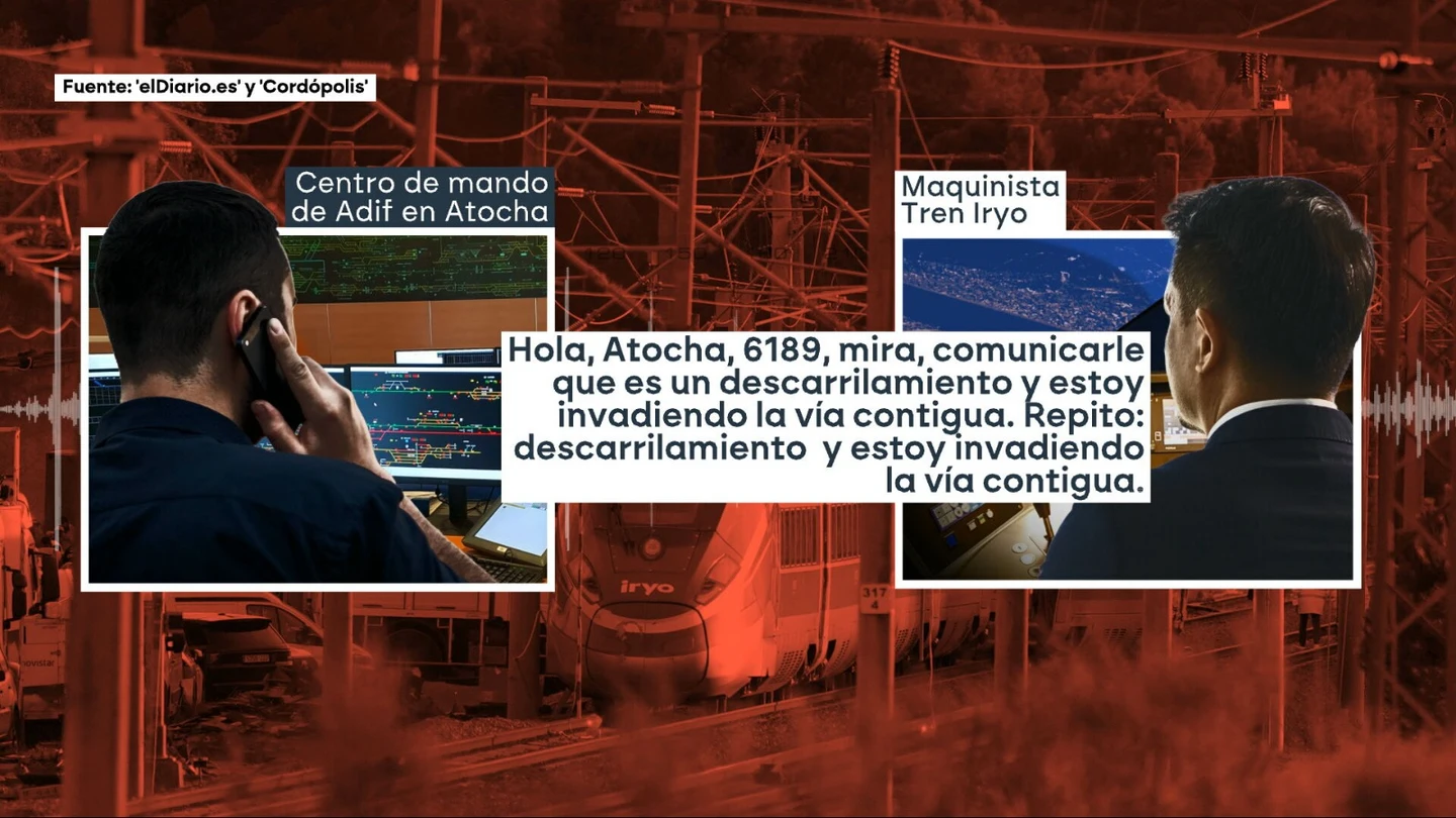La llamada del maquinista del Iryo al centro de Adif tras descarrilar en Adamuz: "He sufrido un enganchón" La llamada del maquinista del Iryo al centro de Adif tras descarrilar en Adamuz: "He sufrido un enganchón"