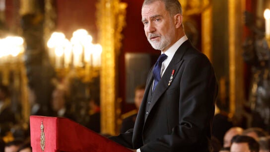 El rey Felipe VI durante su intervenci&oacute;n en la tradicional recepci&oacute;n de los reyes al cuerpo diplom&aacute;tico acreditado en Espa&ntilde;a este viernes. 