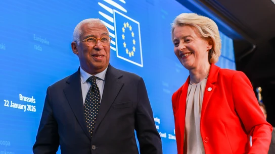 António Costa y Ursula Von der Leyen, tras comparecer en Bruselas en la cumbre celebrada por la situación de Groenlandia António Costa y Ursula Von der Leyen, tras comparecer en Bruselas en la cumbre celebrada por la situación de Groenlandia