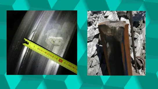 Muescas presentes en la rueda derecha del eje 13 del tren de Iryo y posible punto de colisión con la cabeza del carril Muescas presentes en la rueda derecha del eje 13 del tren de Iryo y posible punto de colisión con la cabeza del carril