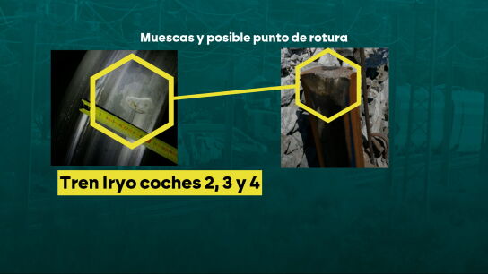 Muescas y posible punto de rotura del ten de Iryo accidentado en Adamuz.