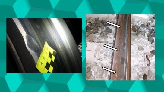 Muesca presente en la rueda derecha del eje 19 del Iryo y el carril tumbado hacia el exterior tras el punto de rotura con huellas del paso de las ruedas del tren