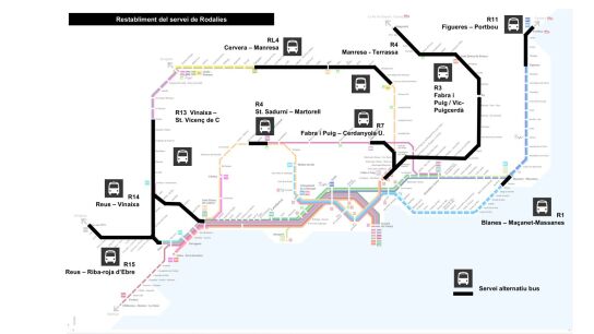El mapa del servicio de Rodalies que se ofrecerá este lunes. 